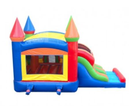 Bounce house with open window for great viewing.  Two-lane slides attached.